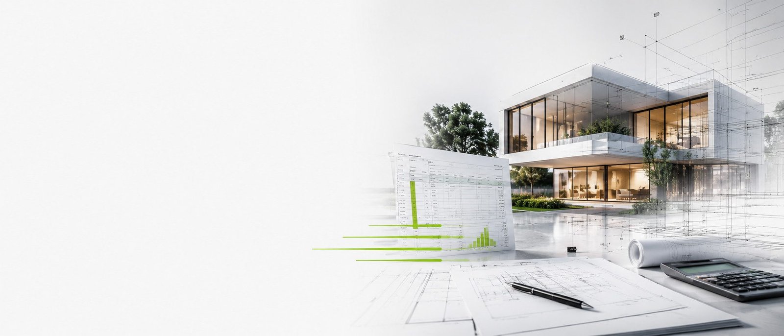 Kostenaufstellung mit Diagramm und Taschenrechner vor einem modernen Wohnhaus – transparente Preise für den Bauantrag