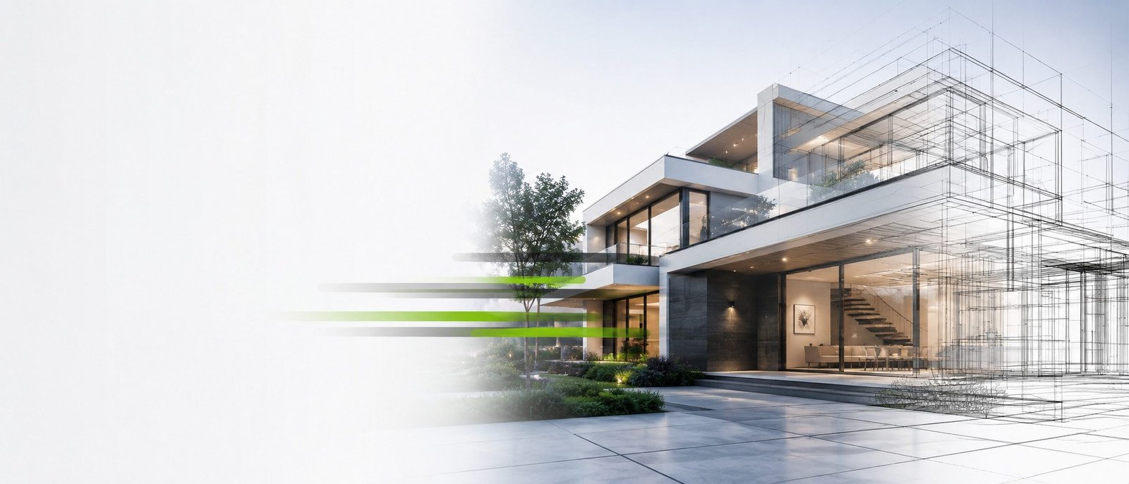 Modernes Wohnhaus als Architekturvisualisierung mit überlagerter Entwurfszeichnung
